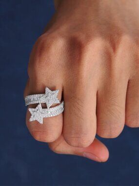 Double Layer VVS D Color Baguette Diamond Star Ring Luxury Adjustable Jewelry